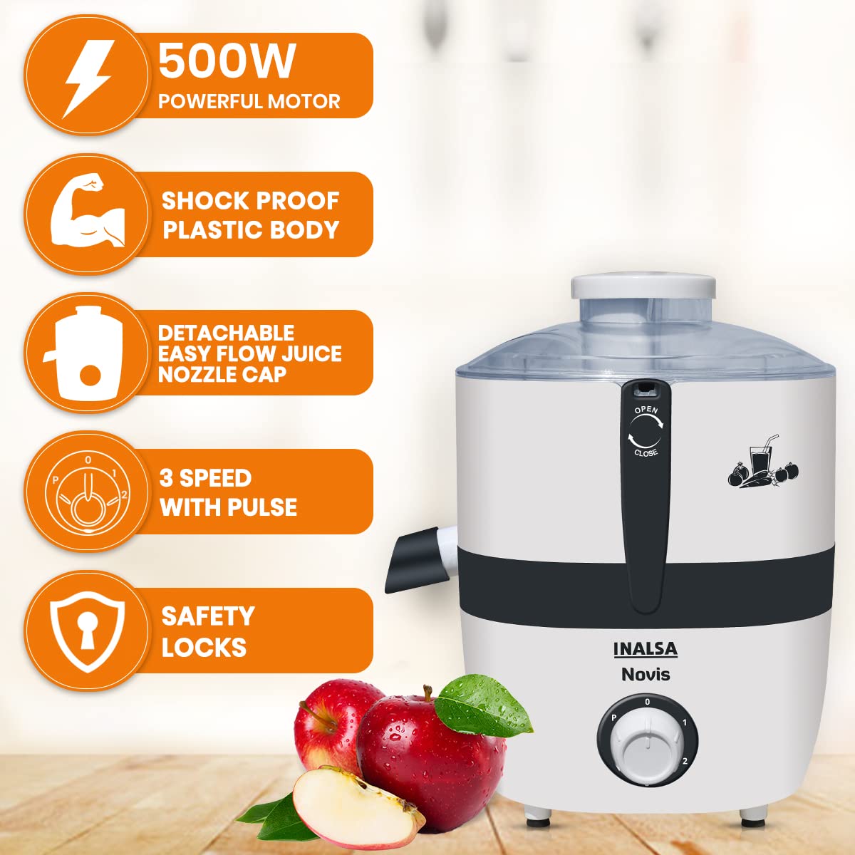 Inalsa Juicer Mixer Grinder 500W- Novis with 2 Jars|1.5L Blender Jar,0.7L SS Multipurpose Jar|Nozzle Cap|Shockproof Body Design,Overload Protection for Safety|ISI Marked, Made In India, White, Medium
