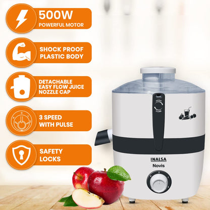 Inalsa Juicer Mixer Grinder 500W- Novis with 2 Jars|1.5L Blender Jar,0.7L SS Multipurpose Jar|Nozzle Cap|Shockproof Body Design,Overload Protection for Safety|ISI Marked, Made In India, White, Medium