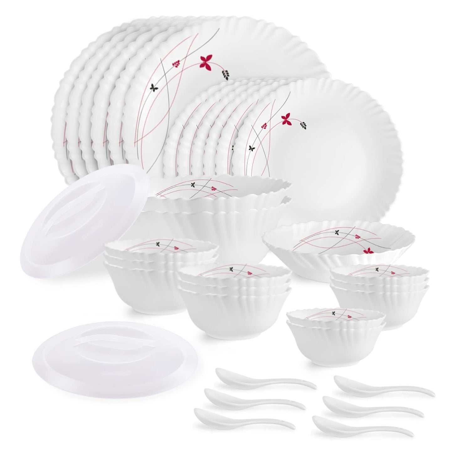 Cello Opalware Dazzle Series Lush Fiesta 35 Piece Dinner Set Serving for 6 | Bone Ash-Free | Lightweight, Elegant White Plates & Bowls Set | Opal Glass Crockery Set for Daily Use Dinning & Gifting
