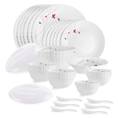 Cello Opalware Dazzle Series Lush Fiesta 35 Piece Dinner Set Serving for 6 | Bone Ash-Free | Lightweight, Elegant White Plates & Bowls Set | Opal Glass Crockery Set for Daily Use Dinning & Gifting