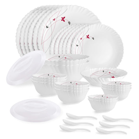 Cello Opalware Dazzle Series Lush Fiesta 35 Piece Dinner Set Serving for 6 | Bone Ash-Free | Lightweight, Elegant White Plates & Bowls Set | Opal Glass Crockery Set for Daily Use Dinning & Gifting