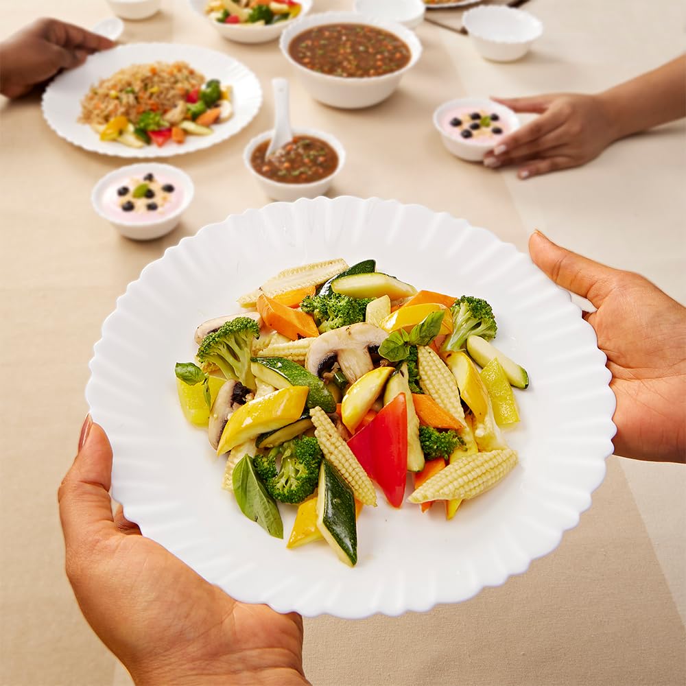 Larah by Borosil Plain White Silk Series Opalware Dinner Set | 35 Pieces for Family of 6 | Microwave & Dishwasher Safe | Bone-Ash Free | Crockery Set for Dining & Gifting | Plates & Bowls | White