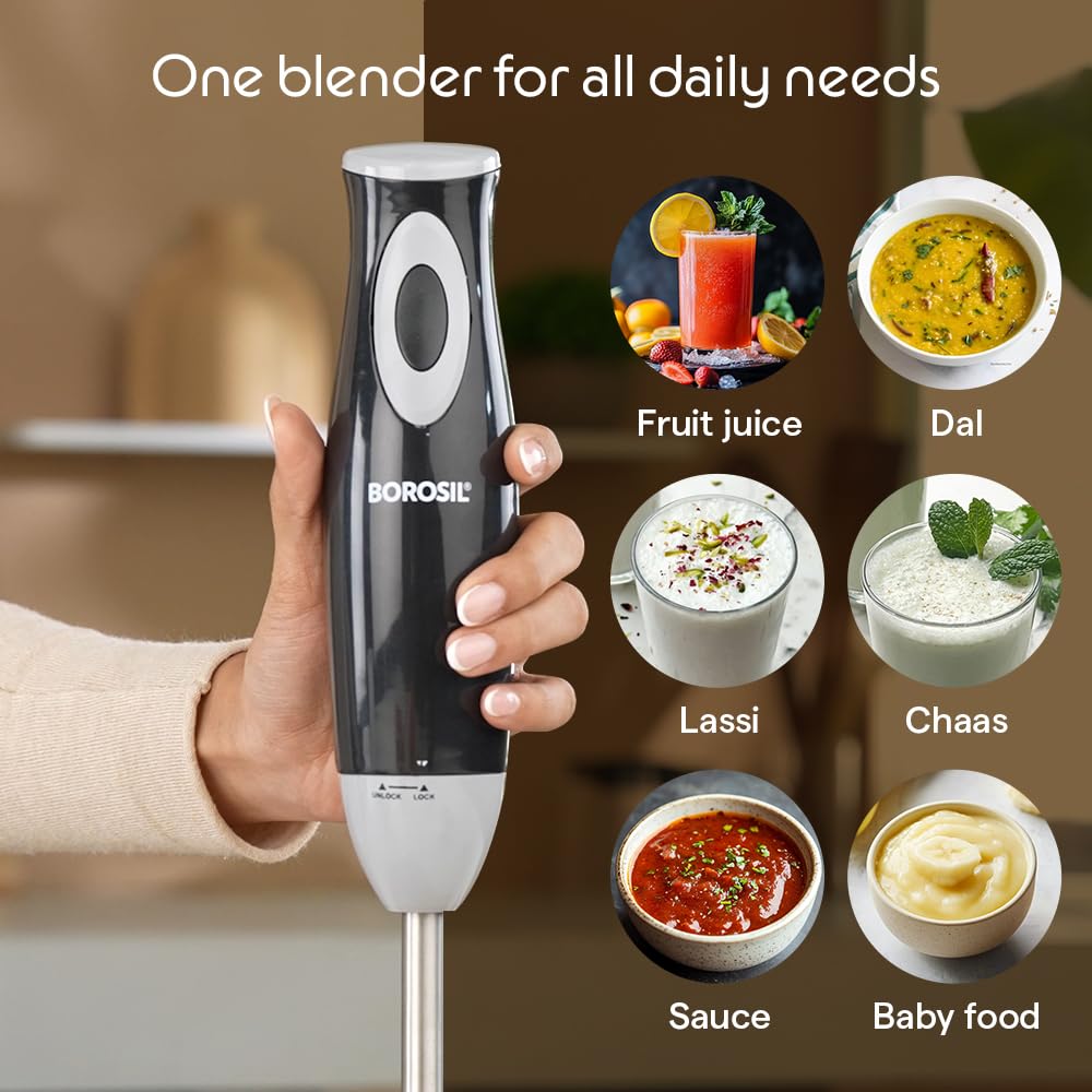 Borosil Smartblend Hand Blender with 800ml Beaker | 300W Silent DC Motor, Detachable & Washable Blending Rod | Stainless Steel Stem for Hot/Cold Blending, Anti Splash | 1 Year Warranty