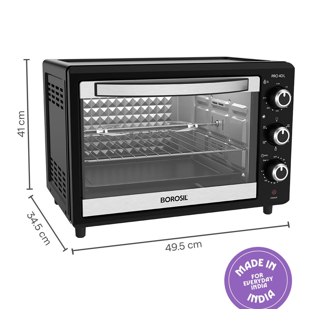 Borosil Pro 40L Oven Toaster Griller | 1800W BIS Approved Made in India Convection OTG with Motorized Rotisserie | 6 Heating Modes | Adjustable Temperature Control | Steel Body | 2 Years Warranty