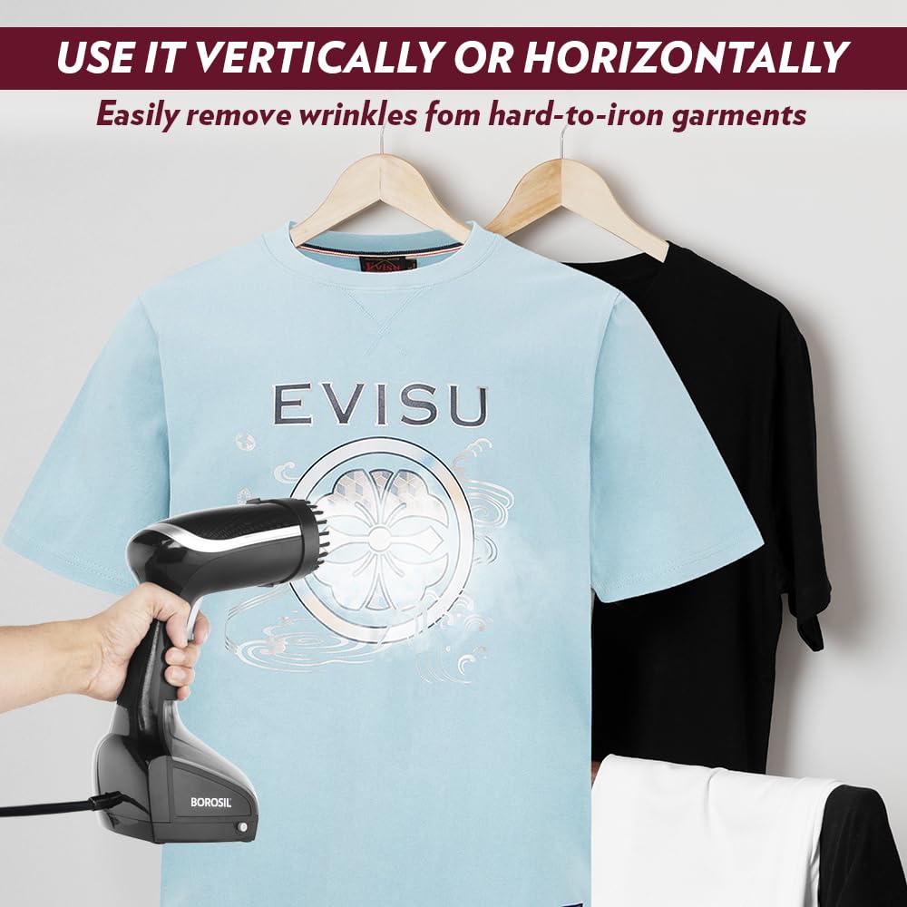 Borosil 1000W Handheld Garment Steamer | Ceramic Coated Soleplate | Dual Steam Modes (Horizontal & Vertical Ironing) | 120ml Detachable Water Tank | Overheat Protection | 2 Year Warranty (GS01)