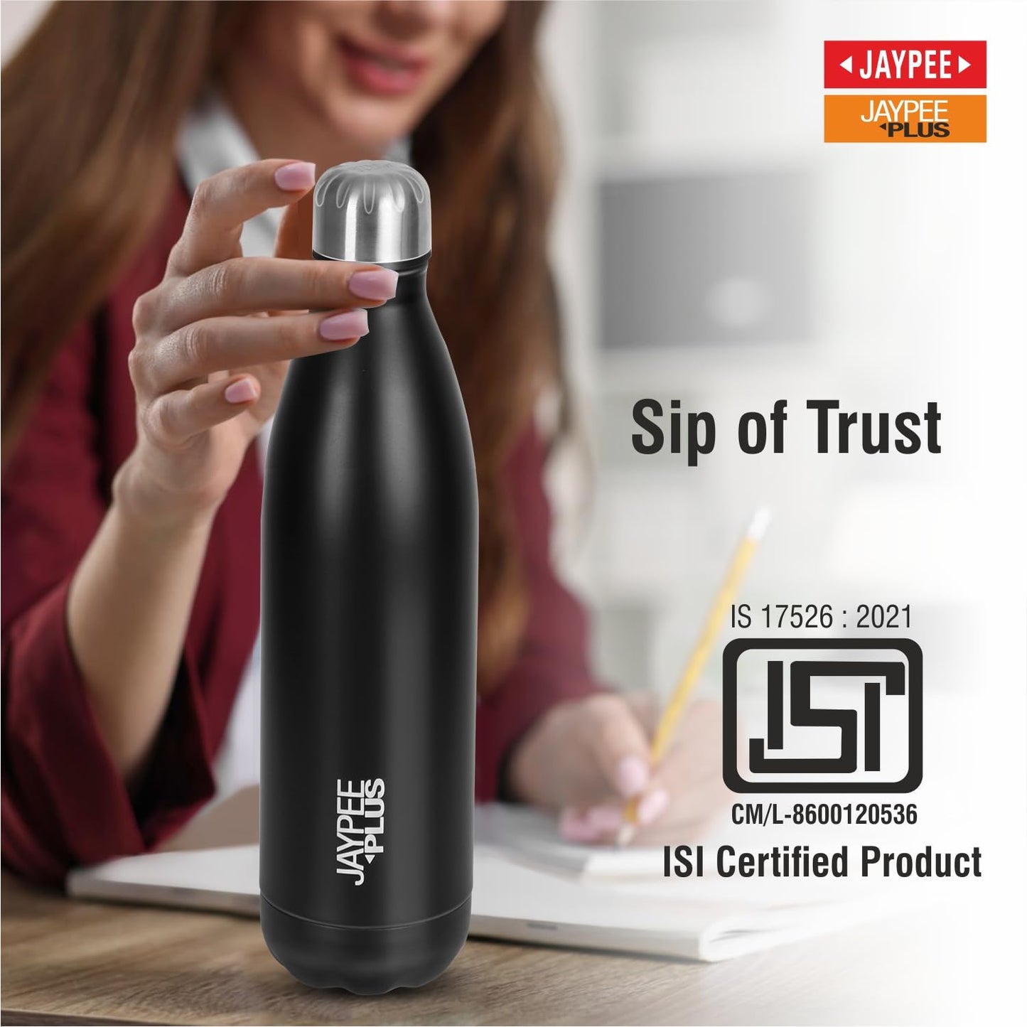 Jaypee Plus Alpha Vaccum Insulated Double Wall Thermosteel Flask 1000 ml Water Bottle ISI Certified 24 Hours Hot and Cold Water Bottle for School,Office,Gym, Leakproof, Rustproof Steel Bottle,Black