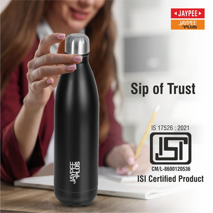 Jaypee Plus Alpha Vaccum Insulated Double Wall Thermosteel Flask 1000 ml Water Bottle ISI Certified 24 Hours Hot and Cold Water Bottle for School,Office,Gym, Leakproof, Rustproof Steel Bottle,Black