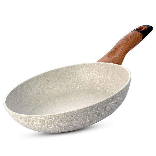 BERGNER Ivory Granite Non-Stick 24cm Frypan, 3-Layer Marble Healthy Coating, Frying Pan with Wooden Soft Touch Rivetless Handle, PFOA Free, Less Oil, Forged Aluminium - Induction and Gas Stove Ready