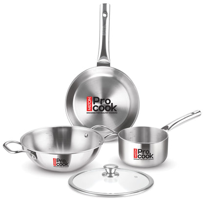 Milton Pro Cook Induction Cookware & Gas Stove Friendly Triply Stainless Steel 4Pc Cookware Set | Tea Pan 16 cm | Fry Pan 22 cm | Kadai with Glass Lid 24 cm | Even & Fast Cooking | 3 Years Warranty