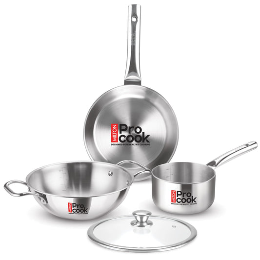 Milton Pro Cook Induction Cookware & Gas Stove Friendly Triply Stainless Steel 4Pc Cookware Set | Tea Pan 16 cm | Fry Pan 22 cm | Kadai with Glass Lid 24 cm | Even & Fast Cooking | 3 Years Warranty