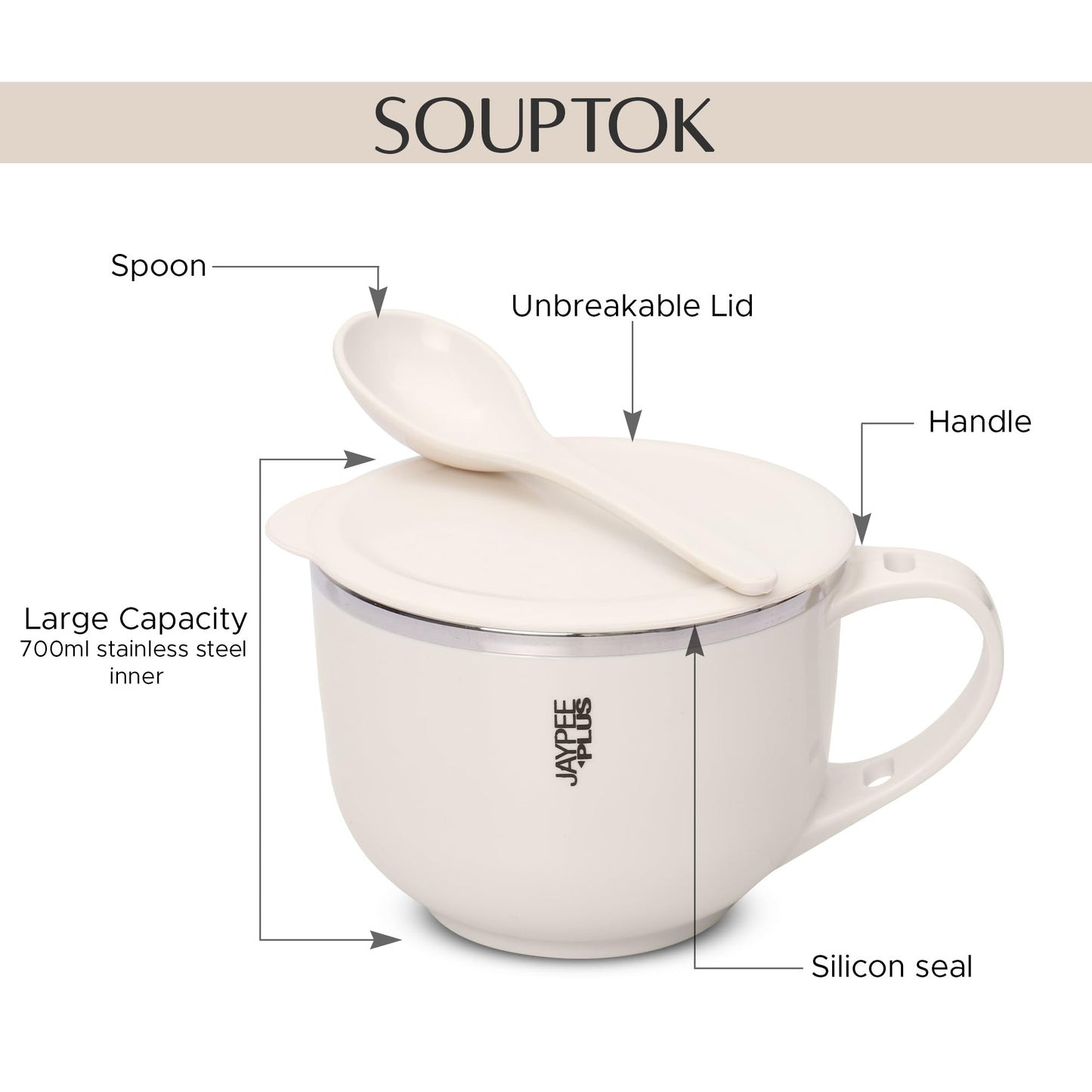 Jaypee Plus Stainless Steel Soup Bowl with Lid & Spoon Holder Souptok, Maggi Bowl Noodles Pasta Bowl, Mug for Milk, Best Diwali Gift, Mug for Kids, Girls, Boys, Birthday, Ivory 700 ml