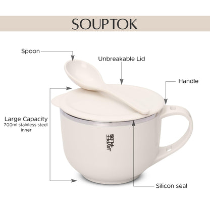 Jaypee Plus Stainless Steel Soup Bowl with Lid & Spoon Holder Souptok, Maggi Bowl Noodles Pasta Bowl, Mug for Milk, Best Diwali Gift, Mug for Kids, Girls, Boys, Birthday, Ivory 700 ml