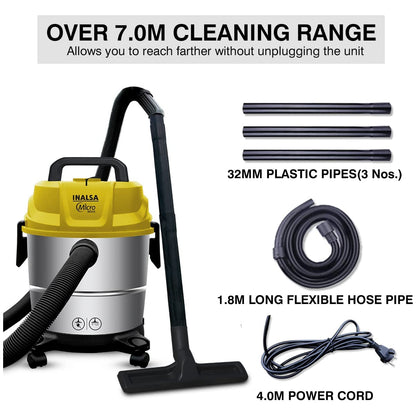 INALSA Wet and Dry Vacuum Cleaner for Home, 15 LTR Capacity,1400 W, 17 kPa Suction, Blower Function,HEPA Filter, Wet Vacuum Cleaner for Sofa, House Cleaning Machine,Stainless Steel Body (Micro WD15)