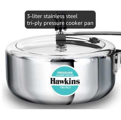 Hawkins 3 Litre Tri-Ply Pressure Cooker cum Pan, Triply Stainless Steel Inner Lid Cooker, Pan, Silver 