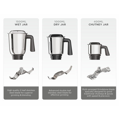 Milton Artis Mixer Grinder, ISI Certified, Grindstone Blade Technology, 3 Jar, 800 W (21000 RPM), 5 yr motor warranty, 2 yr product warranty I Wine