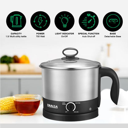 INALSA Stainless Steel Kettle 1.5 Litre|700 Watt|Cooking Kettle|3 Heating Modes| Rapid Boil Technology|See Through Lid| Over-Heat & Boil Dry Protection|Boil Water, Milk,(MultiCook Nu)
