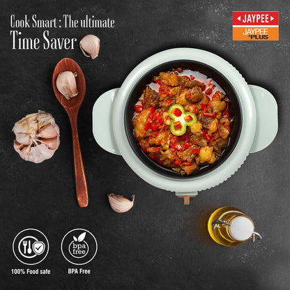 Jaypee Plus Electric CookSmart Casserole with Teflon NonStick Coating Bowl for Reheating & Cooking, Serving Casserole Wooden Finish Lid & Regulator Knob Toughened Glass Lid, 1500 ml, Blue