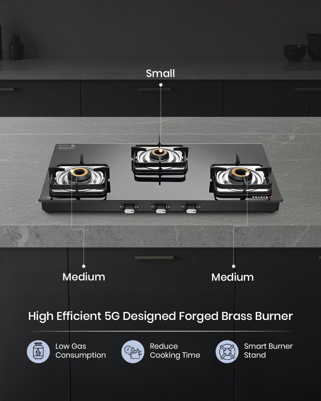 Sujata Gas Stove 3 Burner | Classic Gas Stove Manual Ignition | 9 Years Warranty | 3 Burner Gas Stove Glass Top | SABAF | ISI Certified | LPG & PNG Compatible With Jumbo Brass Burner (Black)