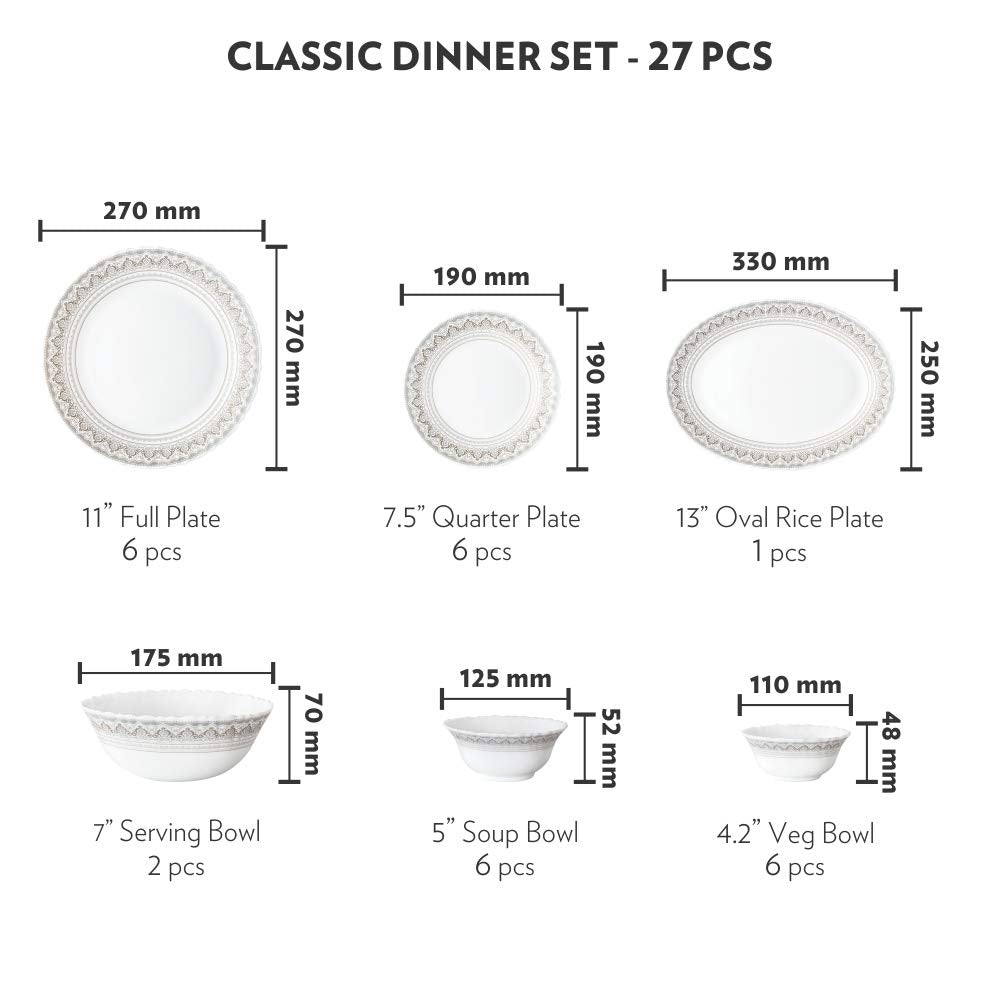 Larah by Borosil Fluted Series Classic Opalware Dinner Set | 27 Piece for Family of 6 | Microwave & Dishwasher Safe | Bone-Ash Free | Crockery Set for Dining & Gifting | Plates & Bowls | White