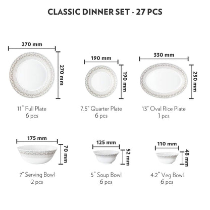 Larah by Borosil Fluted Series Classic Opalware Dinner Set | 27 Piece for Family of 6 | Microwave & Dishwasher Safe | Bone-Ash Free | Crockery Set for Dining & Gifting | Plates & Bowls | White