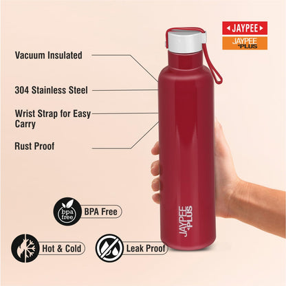 Jaypee Plus Alpha Vaccum Insulated Double Wall Thermosteel Flask 1000 ml Water Bottle ISI Certified 24 Hours Hot and Cold Water Bottle for School,Office,Gym, Leakproof, Rustproof Steel Bottle,Black