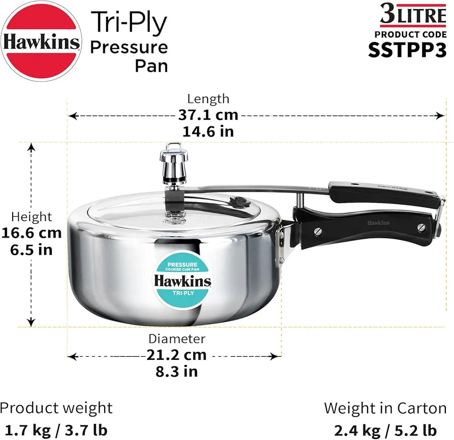 Hawkins 3 Litre Tri-Ply Pressure Cooker cum Pan, Triply Stainless Steel Inner Lid Cooker, Pan, Silver 