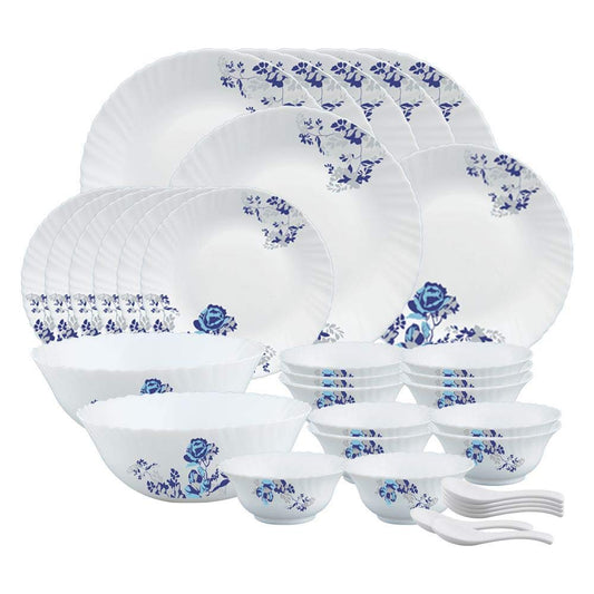 Larah by Borosil Blue Cascade Opalware Dinner Set, 35 Pcs, White