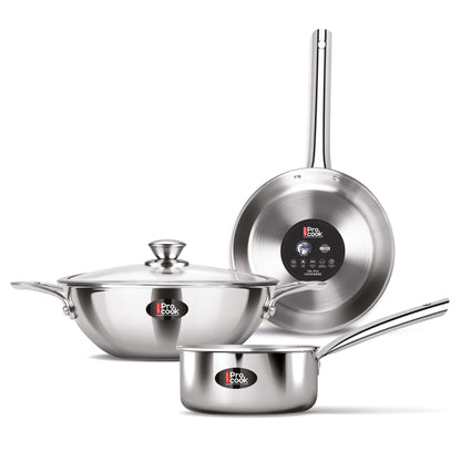 Milton Pro Cook Induction Cookware & Gas Stove Friendly Triply Stainless Steel 4Pc Cookware Set | Tea Pan 16 cm | Fry Pan 22 cm | Kadai with Glass Lid 24 cm | Even & Fast Cooking | 3 Years Warranty