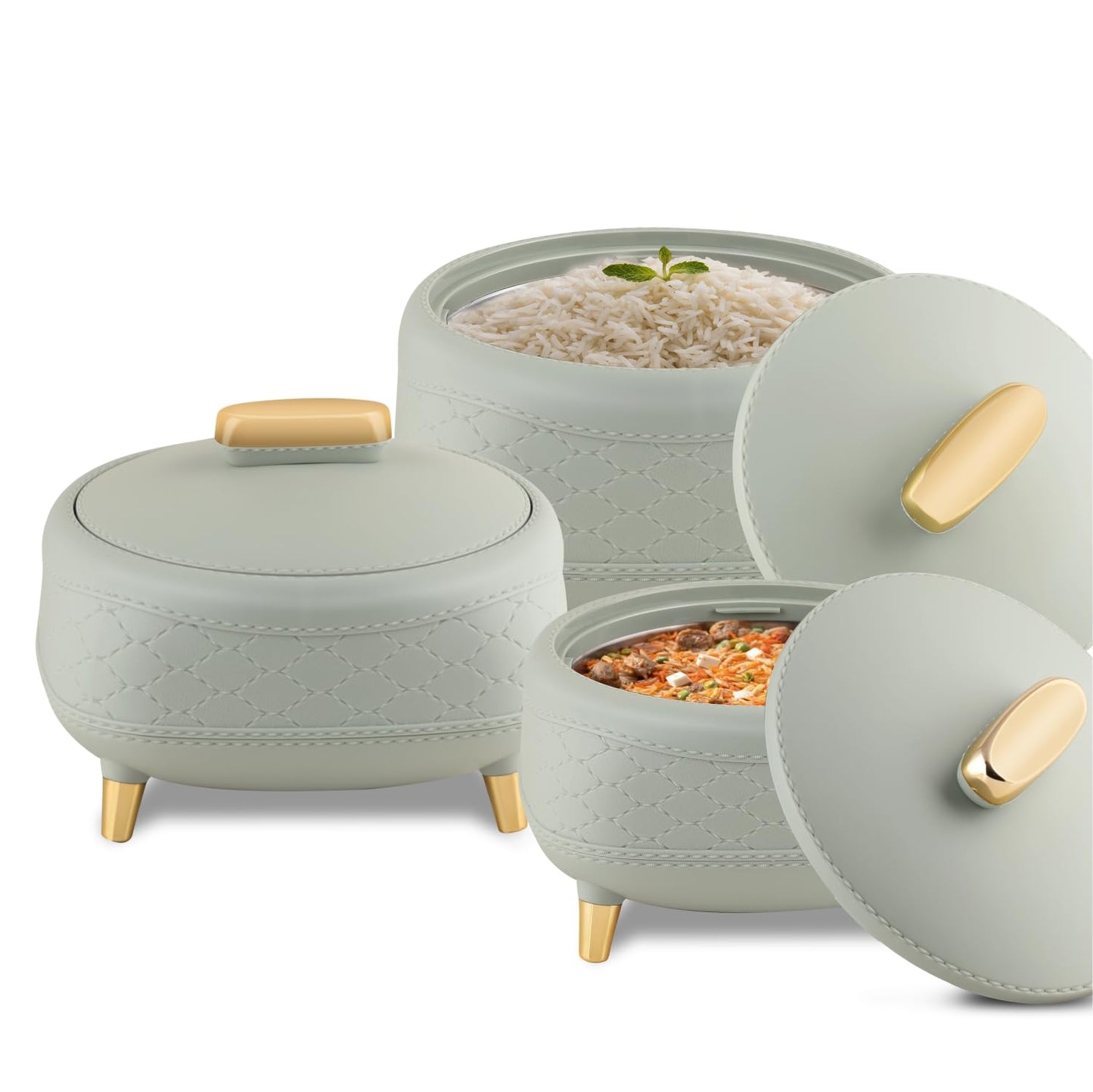 JAYPEE Kingston Stitched Leather Luxurious Outer & Inner Stainless Steel Casserole Set of 3 with Lid (1500+2000+2500) ml PUF Insulated Hot Box for Kitchen Roti Box Hot Pot Serving Casserole,White
