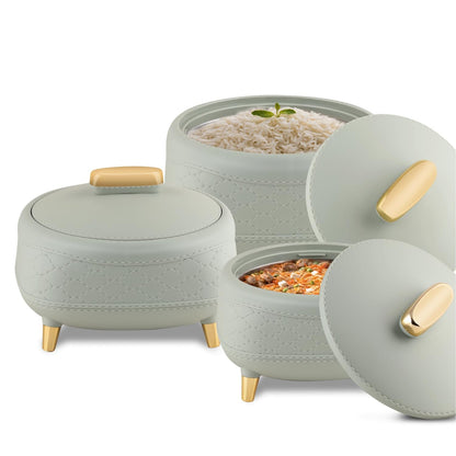 JAYPEE Kingston Stitched Leather Luxurious Outer & Inner Stainless Steel Casserole Set of 3 with Lid (1500+2000+2500) ml PUF Insulated Hot Box for Kitchen Roti Box Hot Pot Serving Casserole,White