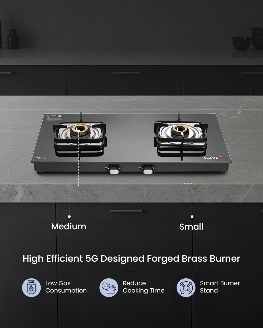 Sujata Gas stove 2 Burners Glass Top | Classic Gas stove Auto Ignition | 9 Years Warranty | 2 Burner Gas Stove | ISI Certified | LPG & PNG Compatible, Brass Burner (Black)