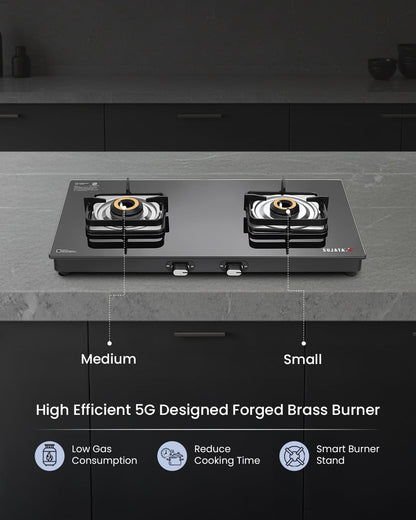 Sujata Gas stove 2 Burners Glass Top | Classic Gas stove Auto Ignition | 9 Years Warranty | 2 Burner Gas Stove | ISI Certified | LPG & PNG Compatible, Brass Burner (Black)
