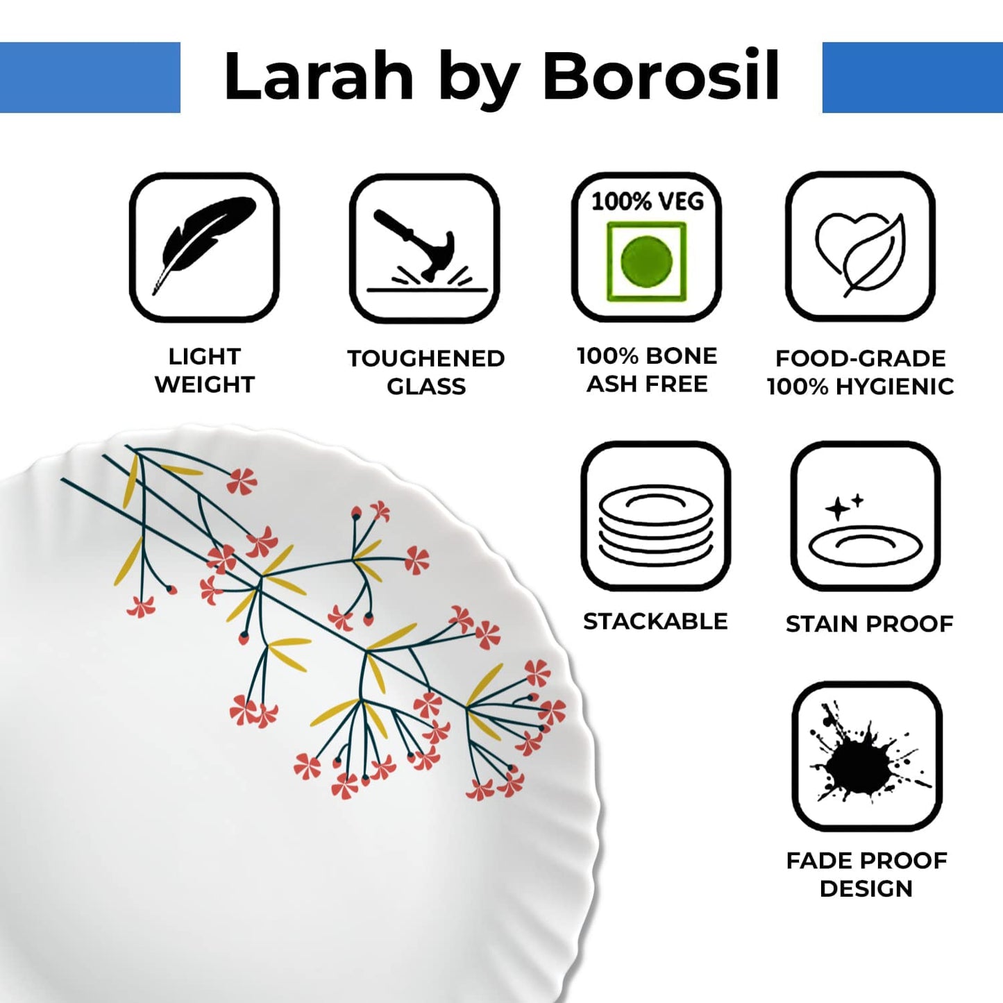 Larah by Borosil Red Bud Silk Series Opalware Dinner Set | 35 Pieces for Family of 6 | Microwave & Dishwasher Safe | Bone-Ash Free | Crockery Set for Dining & Gifting | Plates & Bowls | White,Floral