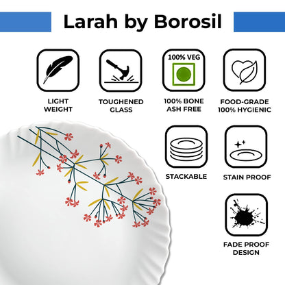 Larah by Borosil Red Bud Silk Series Opalware Dinner Set | 35 Pieces for Family of 6 | Microwave & Dishwasher Safe | Bone-Ash Free | Crockery Set for Dining & Gifting | Plates & Bowls | White,Floral