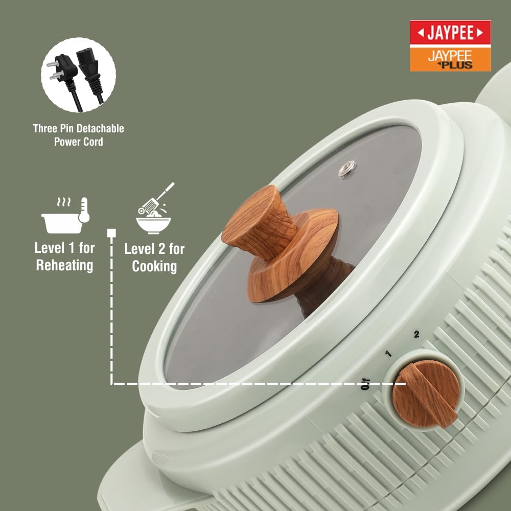 Jaypee Plus Electric CookSmart Casserole with Teflon NonStick Coating Bowl for Reheating & Cooking, Serving Casserole Wooden Finish Lid & Regulator Knob Toughened Glass Lid, 1500 ml, Blue
