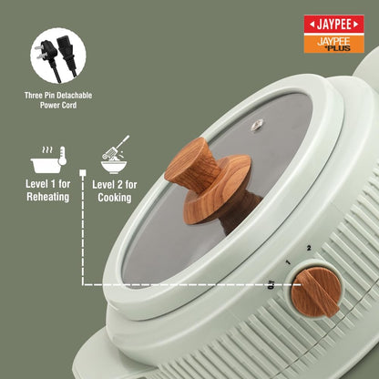 Jaypee Plus Electric CookSmart Casserole with Teflon NonStick Coating Bowl for Reheating & Cooking, Serving Casserole Wooden Finish Lid & Regulator Knob Toughened Glass Lid, 1500 ml, Blue