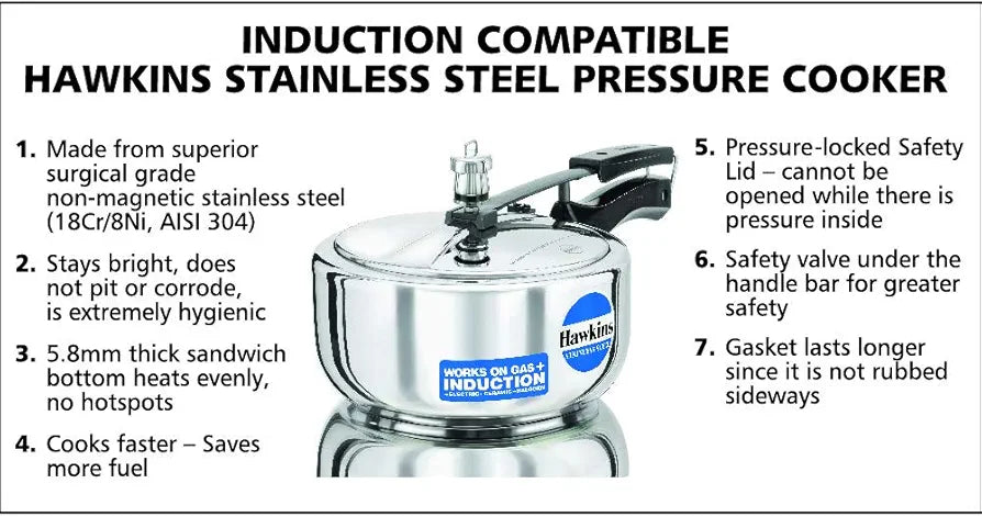 Hawkins 3 Litre Inner Lid Pressure Cooker, Stainless Steel Cooker, Induction Cooker, Silver 