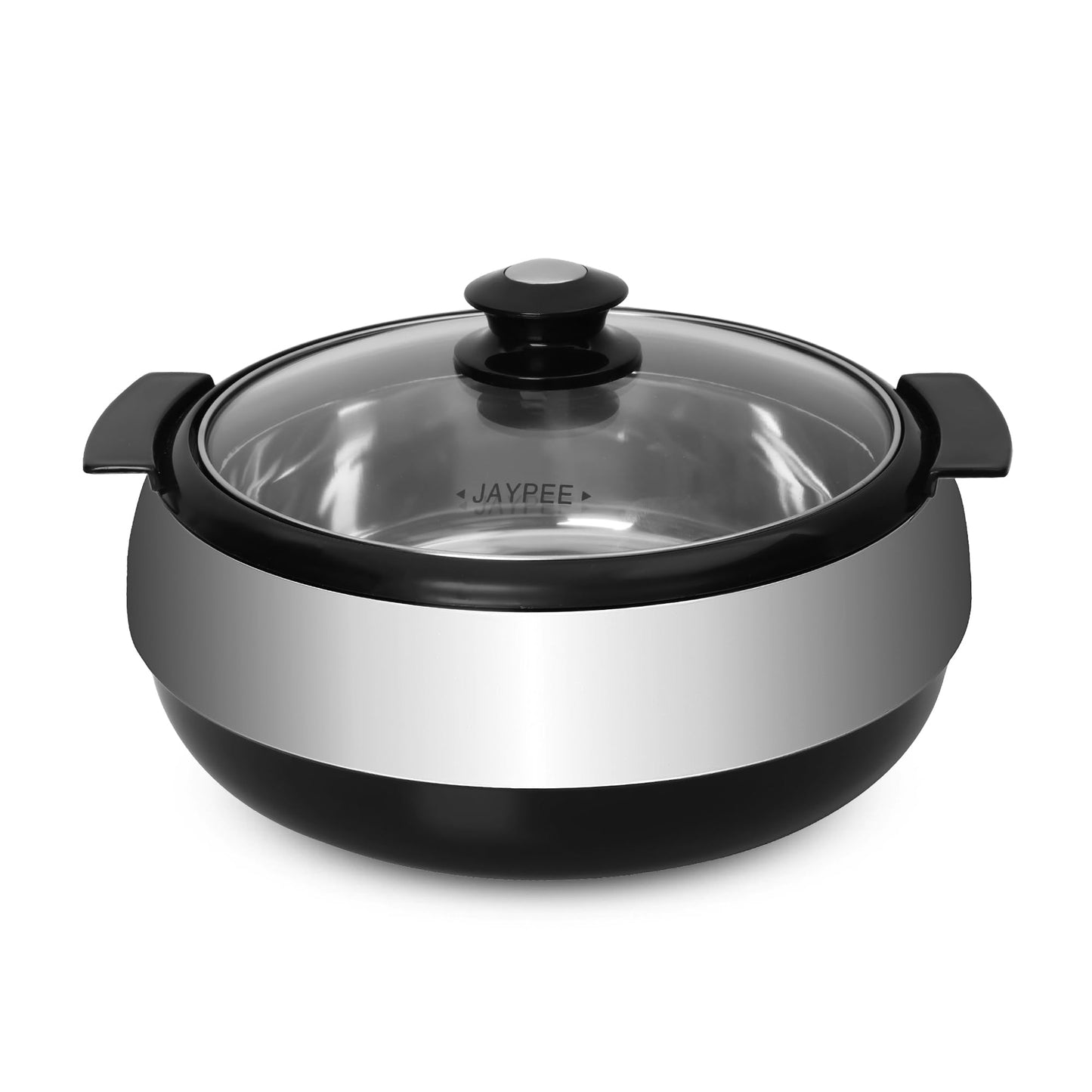 Jaypee Glasserol Serving Casserole Set of 3 Inner Stainless Steel Toughened Glass Lid PUF Insulated Hot Box | Roti Box | Easy to carry | Food Grade | Stackable | 800,1200,1700 ml, Black