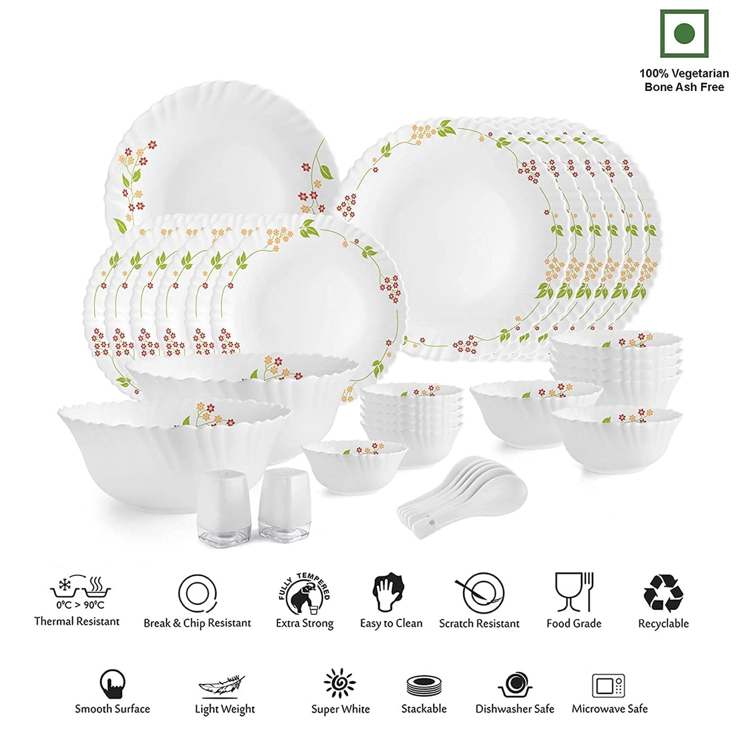 Cello Opalware Dazzle Series Secret Garden Dinner Set 35 Pieces Serving for 6 | Bone Ash-Free | Lightweight, Elegant White Plates & Bowls Set | Opal Glass Crockery Set for Daily Use Dinning & Gifting