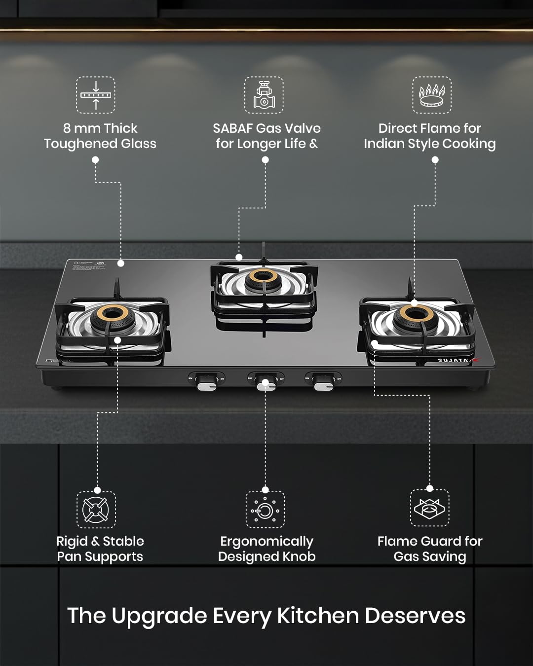 Sujata Gas Stove 3 Burner | Classic Gas Stove Manual Ignition | 9 Years Warranty | 3 Burner Gas Stove Glass Top | SABAF | ISI Certified | LPG & PNG Compatible With Jumbo Brass Burner (Black)