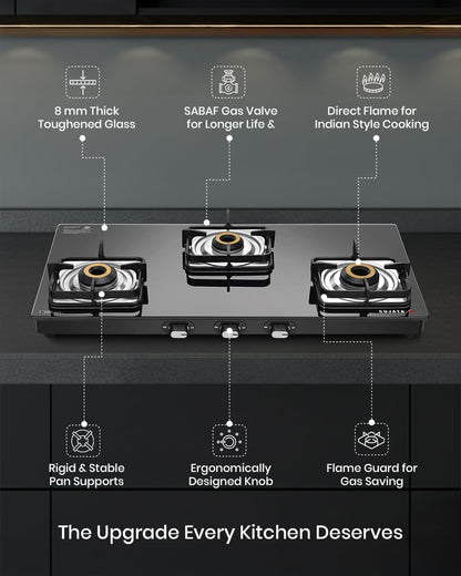Sujata Gas Stove 3 Burner | Classic Gas Stove Manual Ignition | 9 Years Warranty | 3 Burner Gas Stove Glass Top | SABAF | ISI Certified | LPG & PNG Compatible With Jumbo Brass Burner (Black)