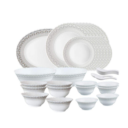 Larah by Borosil Classic Opalware Dinner Set, 33-Pieces, White