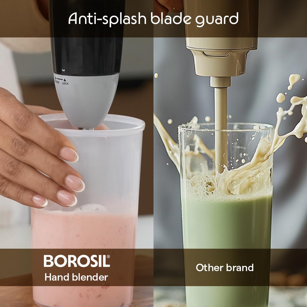 Borosil Smartblend Hand Blender with 800ml Beaker | 300W Silent DC Motor, Detachable & Washable Blending Rod | Stainless Steel Stem for Hot/Cold Blending, Anti Splash | 1 Year Warranty