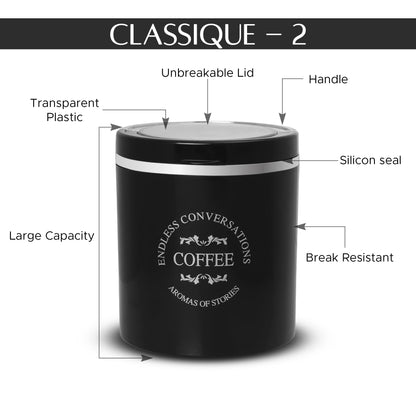 Jaypee Plus Classique 2 Tea Coffee Sugar Storage Container Set 750 ml Airtight Plastic canisters Tea containers for kitchen | Silicon rubber lock Stackable glossy finish transparent Lid, Black