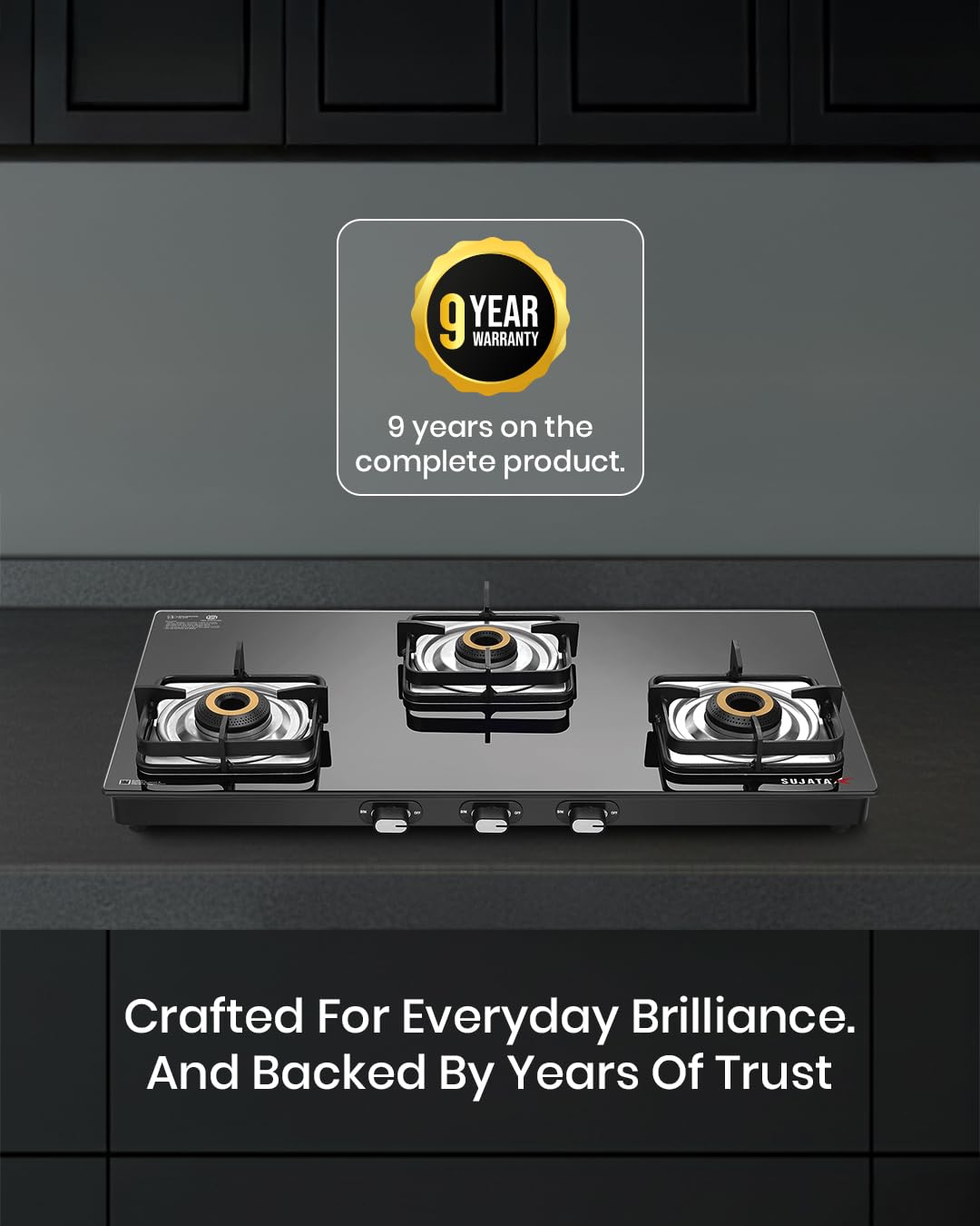 Sujata Gas Stove 3 Burner | Classic Gas Stove Manual Ignition | 9 Years Warranty | 3 Burner Gas Stove Glass Top | SABAF | ISI Certified | LPG & PNG Compatible With Jumbo Brass Burner (Black)