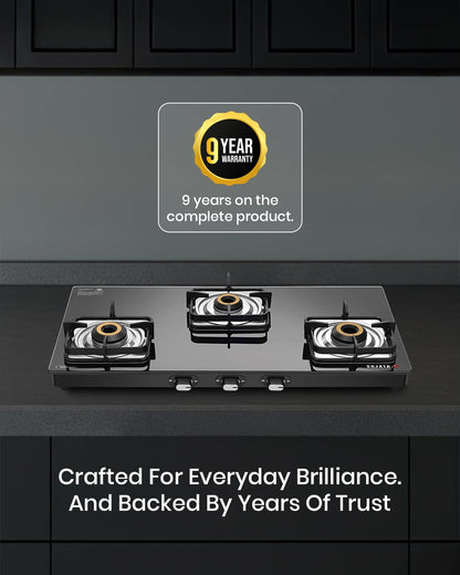 Sujata Gas Stove 3 Burner | Classic Gas Stove Manual Ignition | 9 Years Warranty | 3 Burner Gas Stove Glass Top | SABAF | ISI Certified | LPG & PNG Compatible With Jumbo Brass Burner (Black)