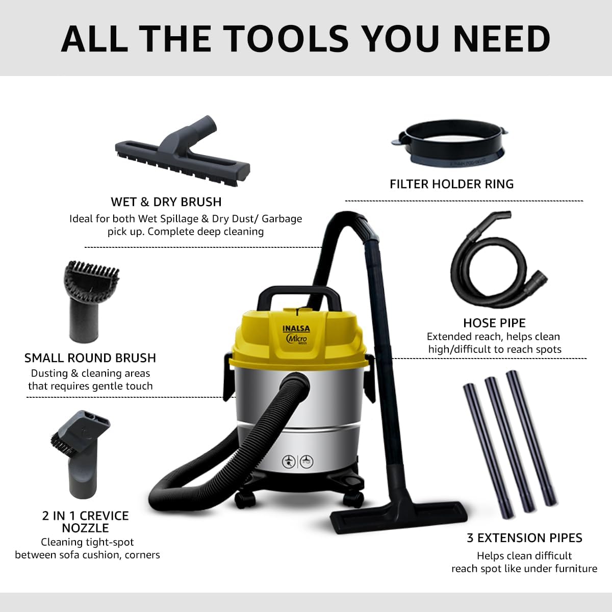 INALSA Wet and Dry Vacuum Cleaner for Home, 15 LTR Capacity,1400 W, 17 kPa Suction, Blower Function,HEPA Filter, Wet Vacuum Cleaner for Sofa, House Cleaning Machine,Stainless Steel Body (Micro WD15)