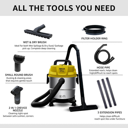 INALSA Wet and Dry Vacuum Cleaner for Home, 15 LTR Capacity,1400 W, 17 kPa Suction, Blower Function,HEPA Filter, Wet Vacuum Cleaner for Sofa, House Cleaning Machine,Stainless Steel Body (Micro WD15)