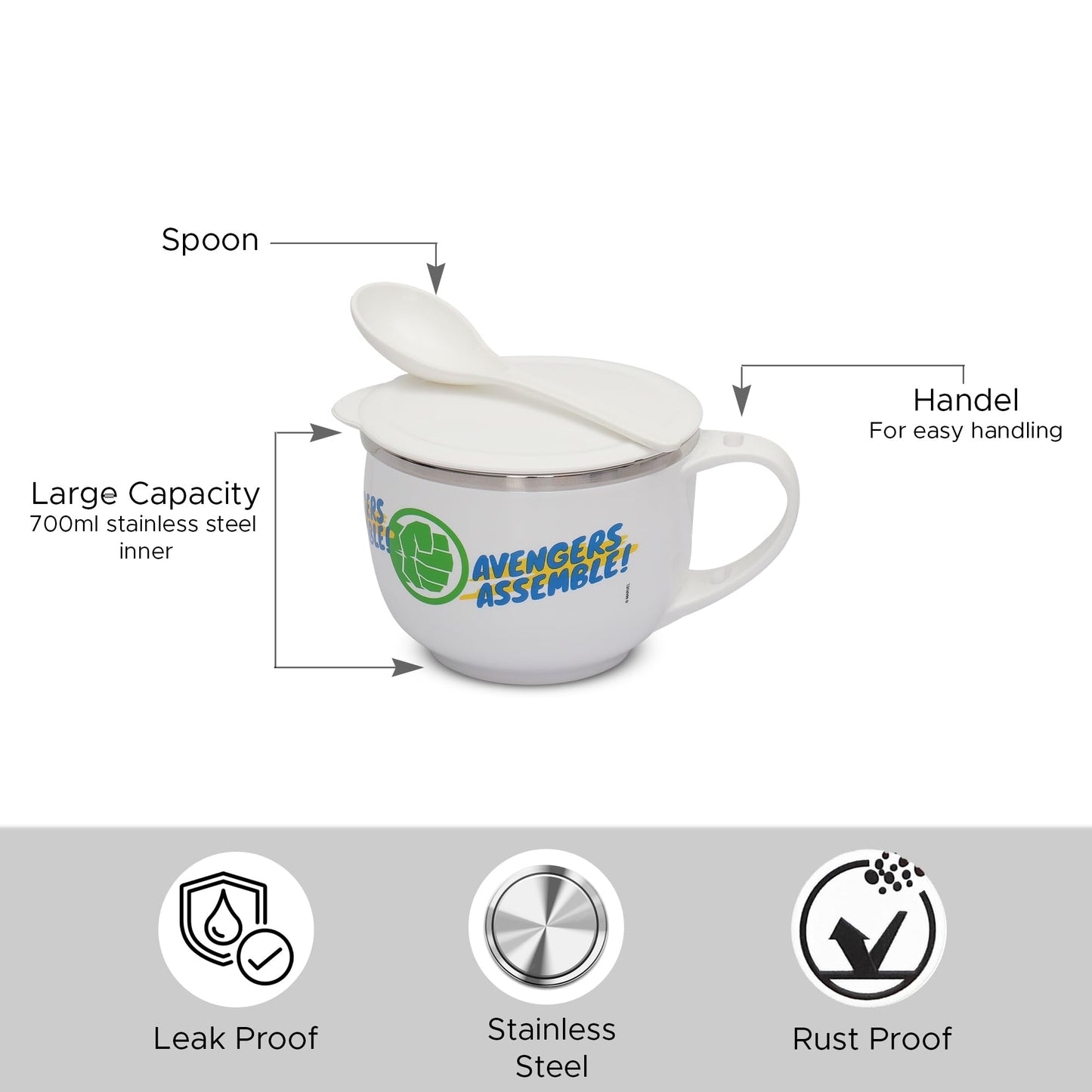 Jaypee Plus Stainless Steel Soup Bowl with Lid & Spoon Holder Souptok, Maggi Bowl Noodles Pasta Bowl, Mug for Milk, Best Diwali Gift, Mug for Kids, Girls, Boys, Birthday, Ivory 700 ml