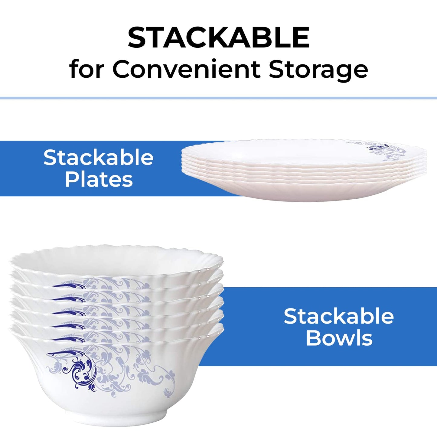 Larah by Borosil Silk Series Opalware Dinner Set | 19 Pieces for Family of 6 | Microwave & Dishwasher Safe | Bone-Ash Free | Crockery Set for Dining & Gifting | Plates & Bowls (Blue Eve)